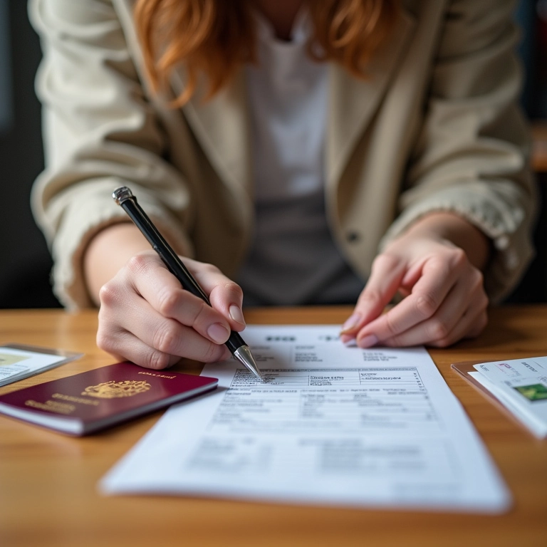 Mulher preparando documentos de viagem do pet, incluindo passaporte e carteira de vacinação.