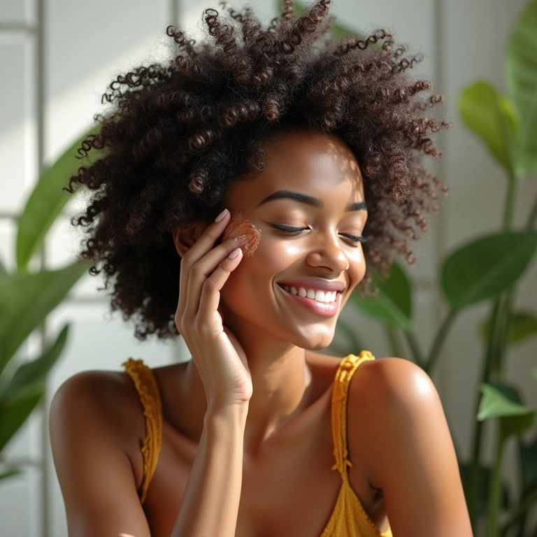 Mulher preparando e aplicando máscara caseira nos cabelos cacheados tipo 3c.