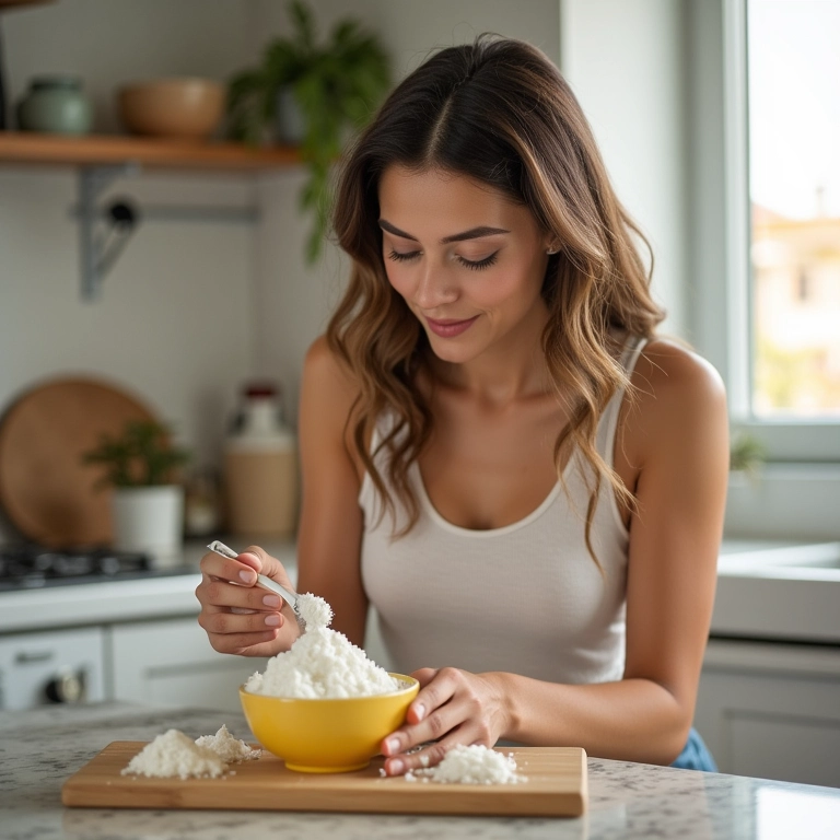 Mulher preparando hidratação de maizena para cabelo com química.