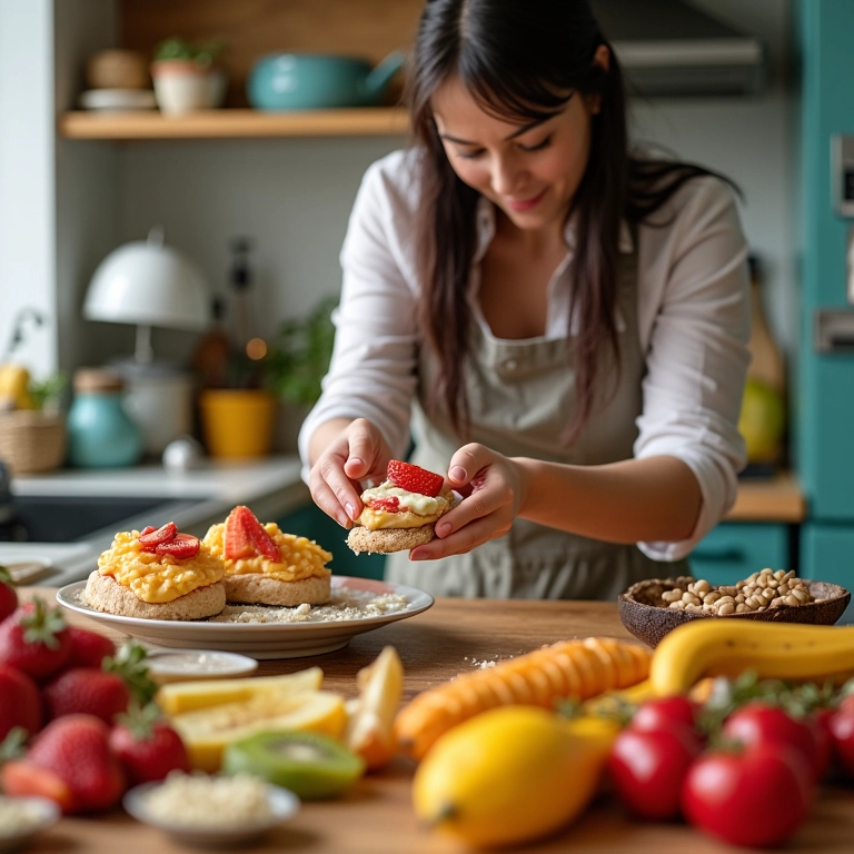 Mulher preparando lanches saudáveis (frutas, castanhas, sanduíches) em cozinha colorida.