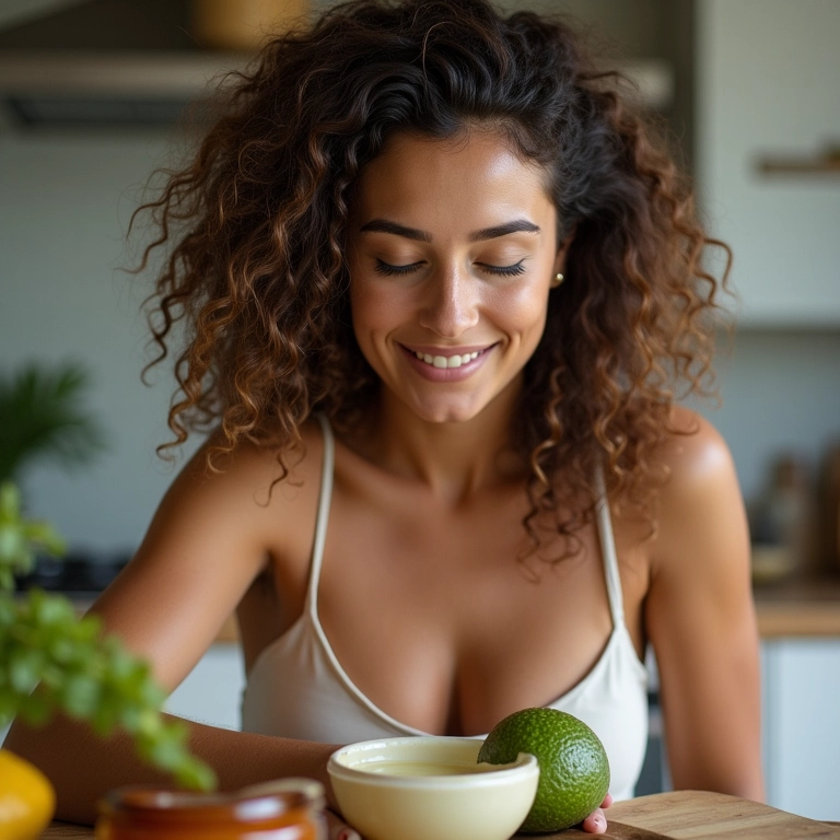 Mulher preparando máscara capilar caseira com abacate e mel em cozinha iluminada.