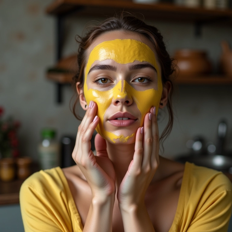 Mulher preparando máscara de gema de ovo e óleo de rícino na cozinha.