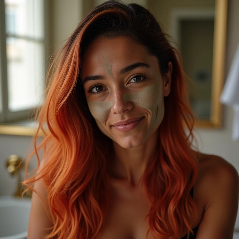 Mulher preparando o cabelo com máscara antes da coloração ruiva.