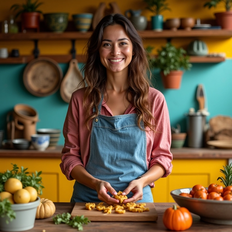Mulher preparando quitutes juninos em cozinha decorada para a festa.