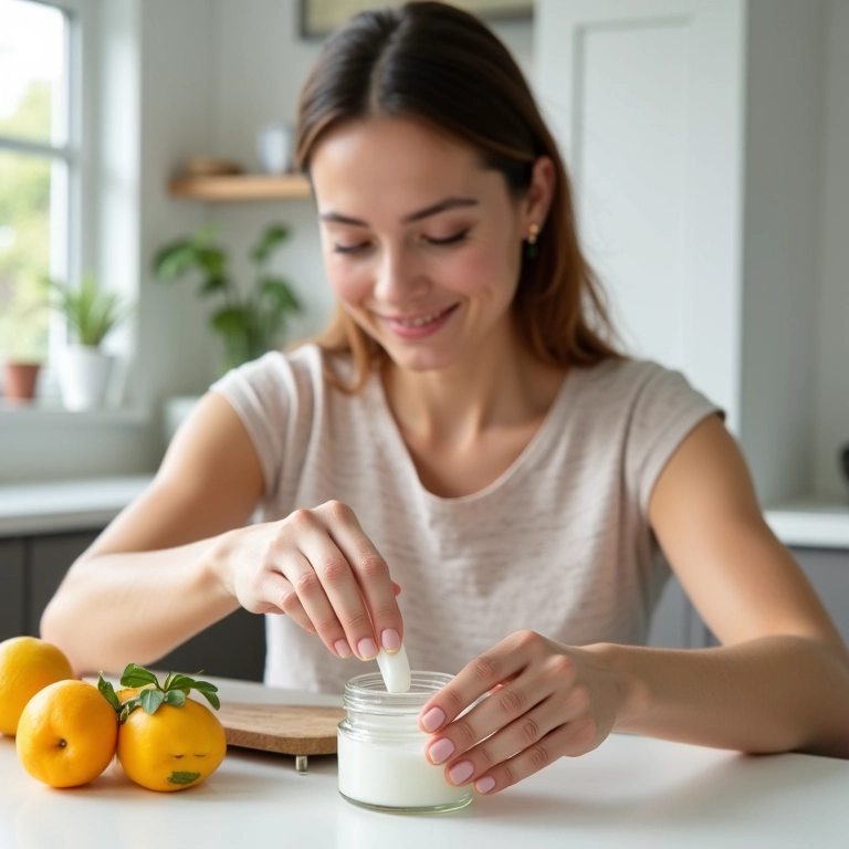 Mulher preparando receita caseira para fortalecer as unhas.