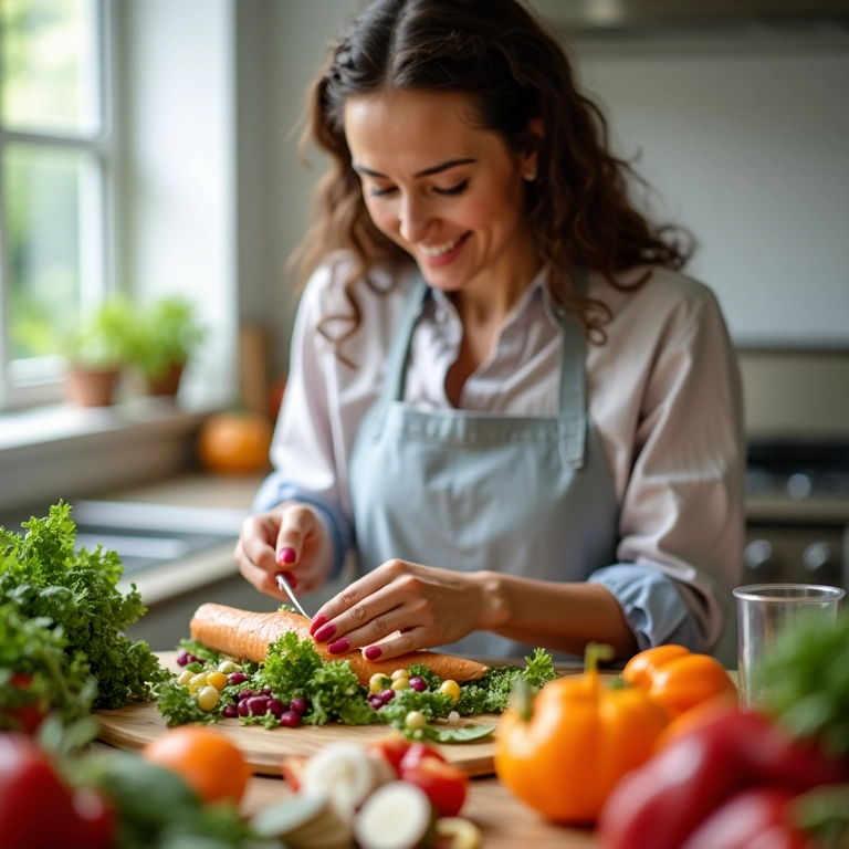 Mulher preparando refeição balanceada para fortalecer as unhas.