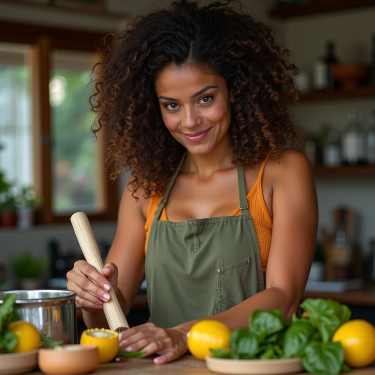 Mulher preparando revitalizador caseiro para cabelo.