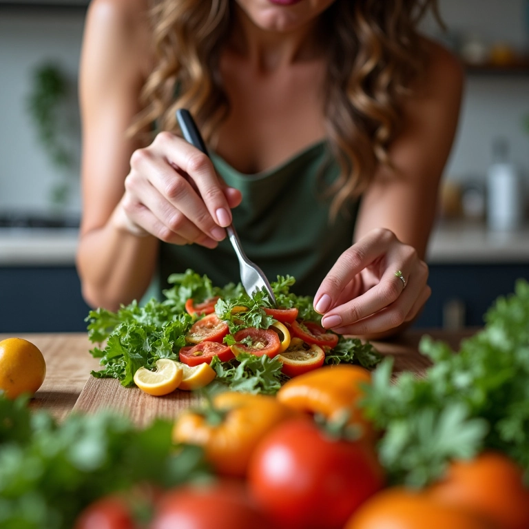 Mulher preparando salada colorida para unhas fortes.