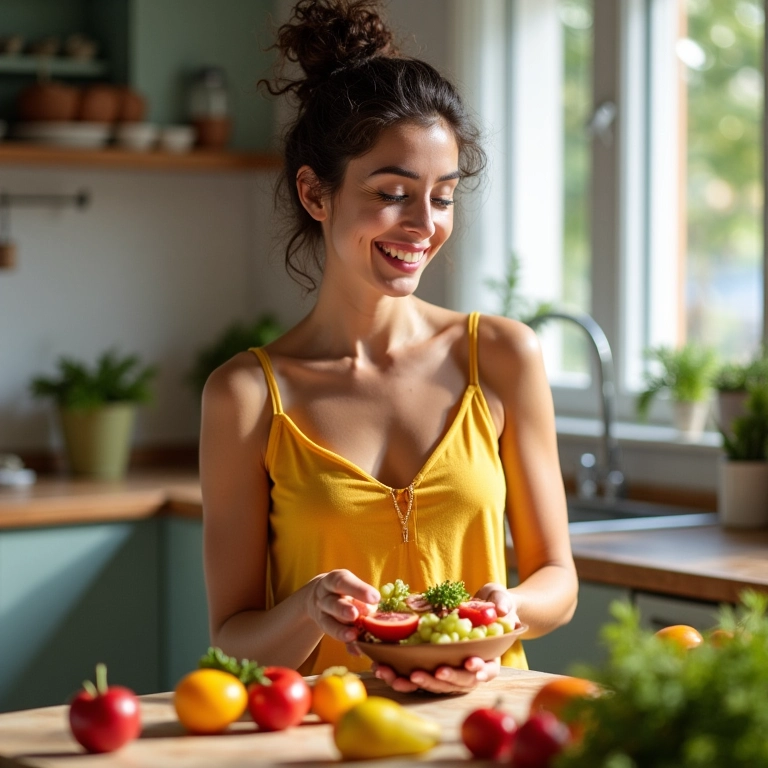 Mulher preparando salada de frutas para uma pele radiante.