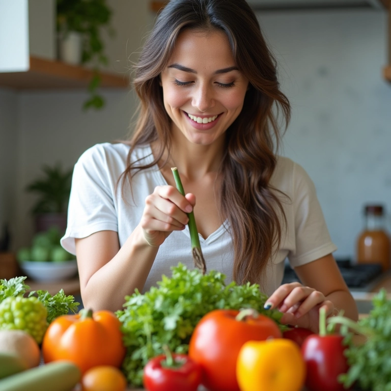 Mulher preparando salada saudável.