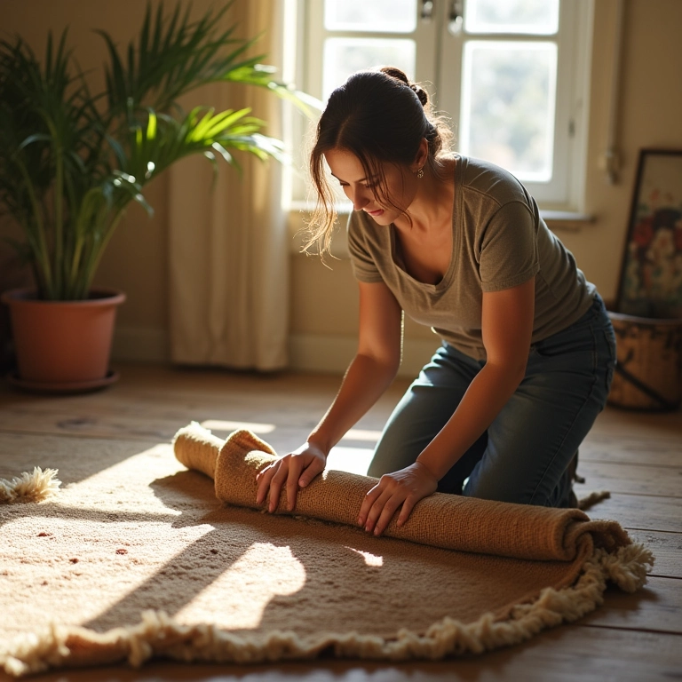 Mulher preparando um tapete para a limpeza em um ambiente ensolarado.