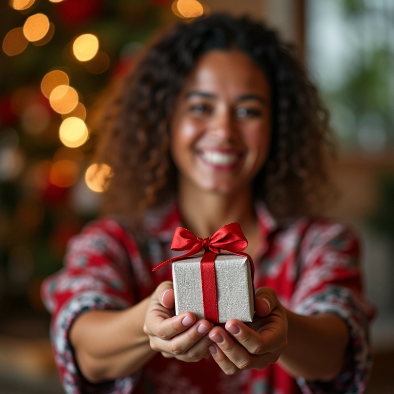 Mulher presenteando com lembrancinhas natalinas criativas e personalizadas.