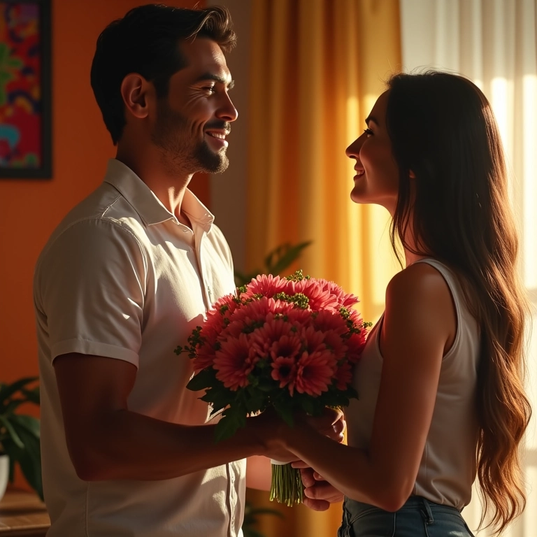 Mulher presenteando taurino com flores em gesto de afeto.