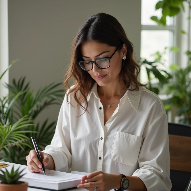 Mulher priorizando tarefas diárias em escritório iluminado.