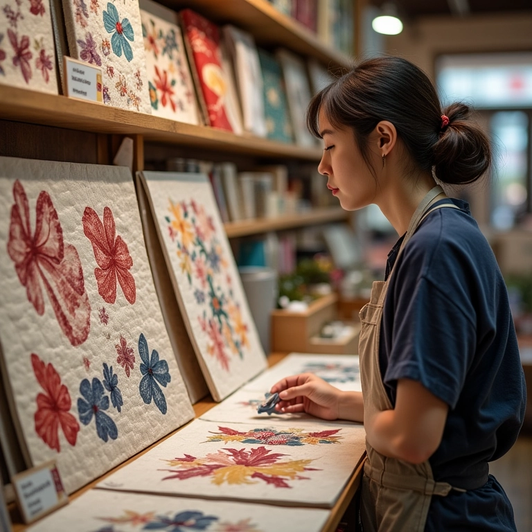 Mulher procurando moldes de patchwork japonês em loja de artesanato.