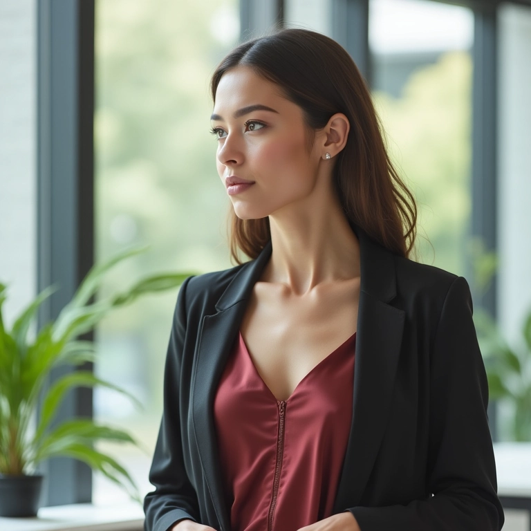 Mulher profissional em slip dress de seda e blazer trabalhando em escritório moderno com design brasileiro.