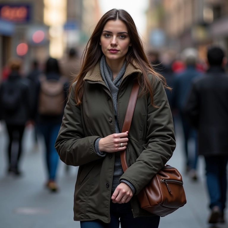 Mulher protegendo bolsa em rua movimentada.