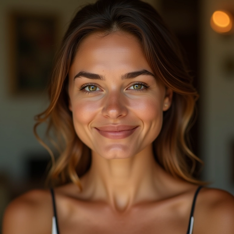 Mulher radiante com pele iluminada e maquiagem natural em ambiente brasileiro para o Dia das Mães.