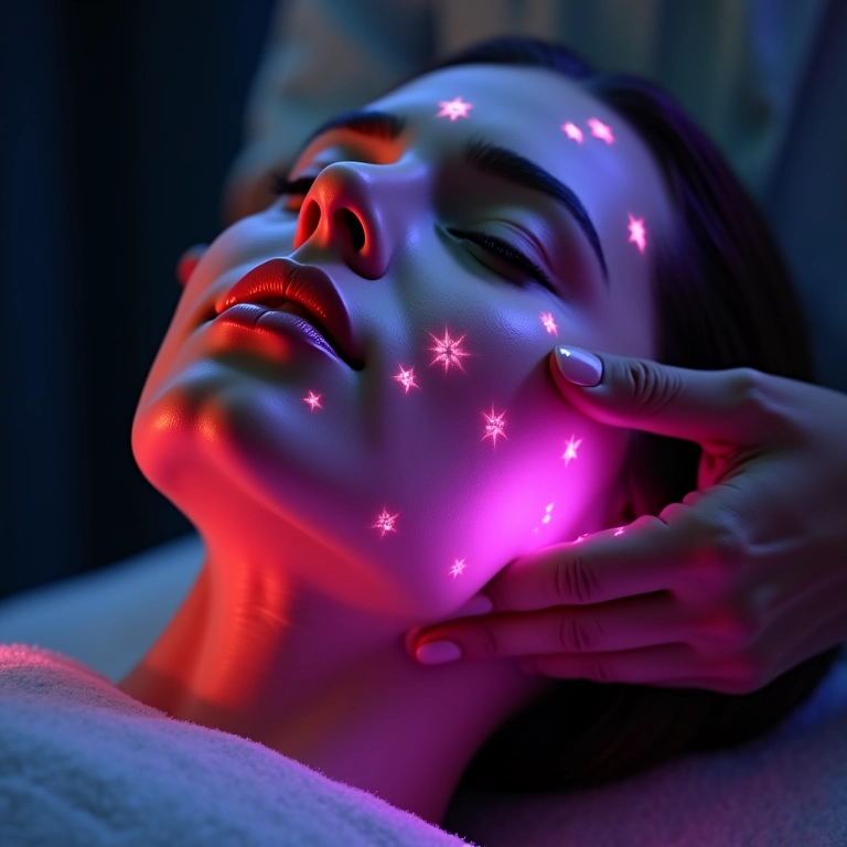 Mulher recebendo fototerapia com LED para tratamento facial.