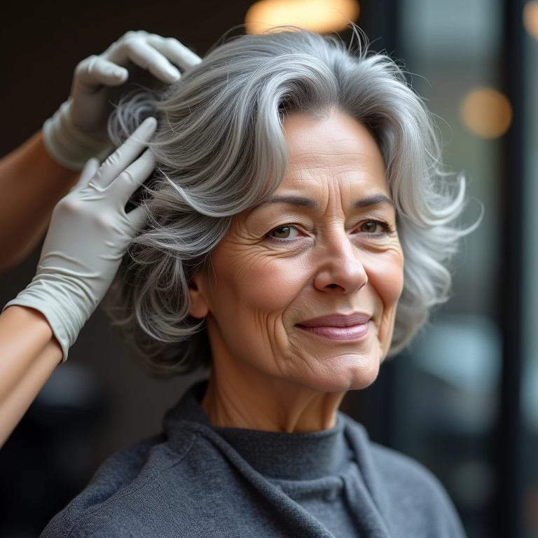 Mulher recebendo tratamento capilar revitalizante para cabelos grisalhos em salão moderno.