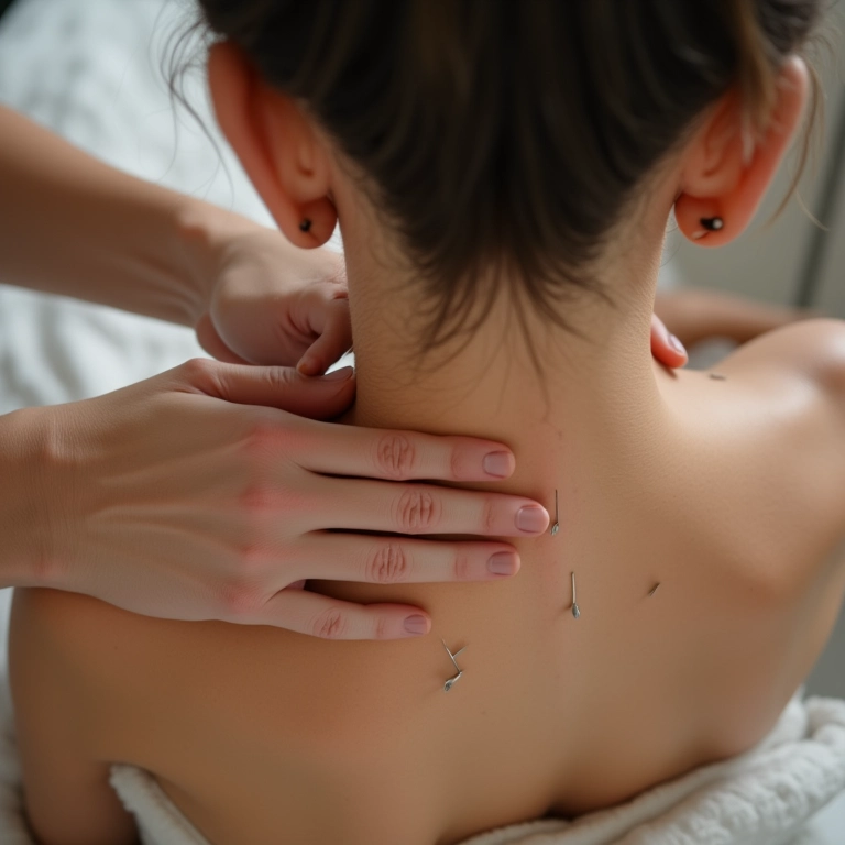 Mulher recebendo tratamento de acupuntura.
