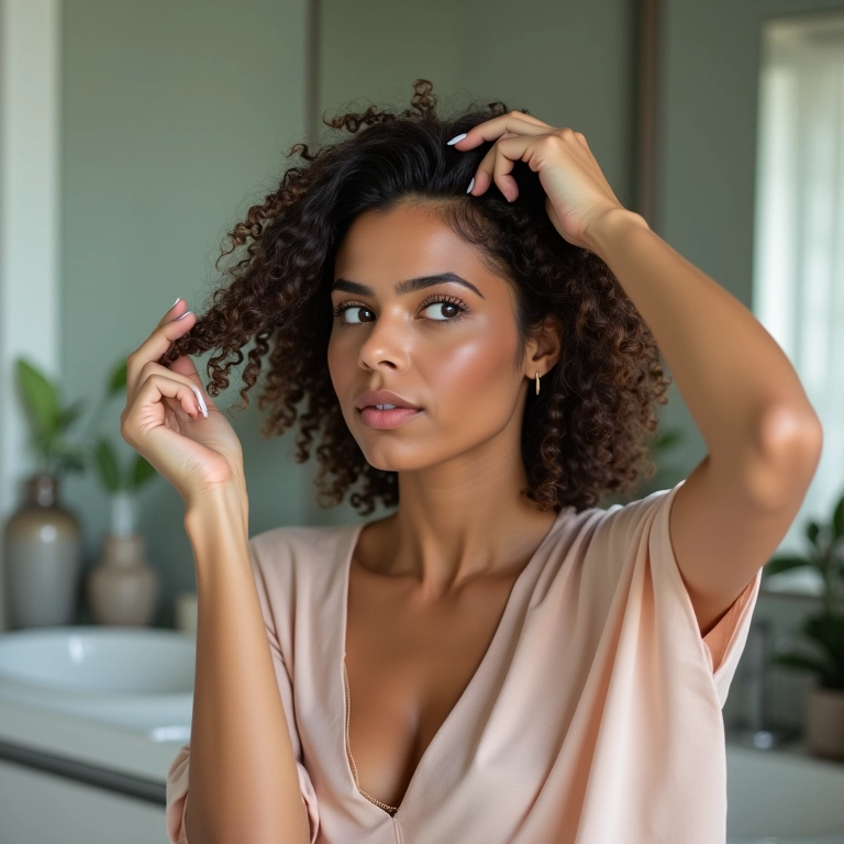 Mulher reconstruindo cabelo com química, 'Reconstrução Fortalecedora'.