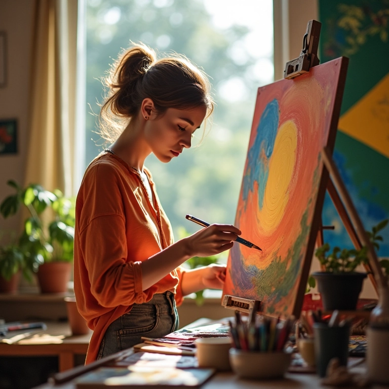 Mulher redescobrindo hobbies, se reconectando consigo.