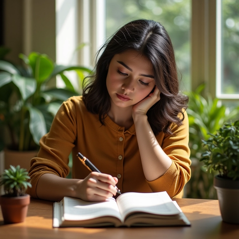 Mulher refletindo e escrevendo em um diário em um quarto ensolarado com decoração brasileira.