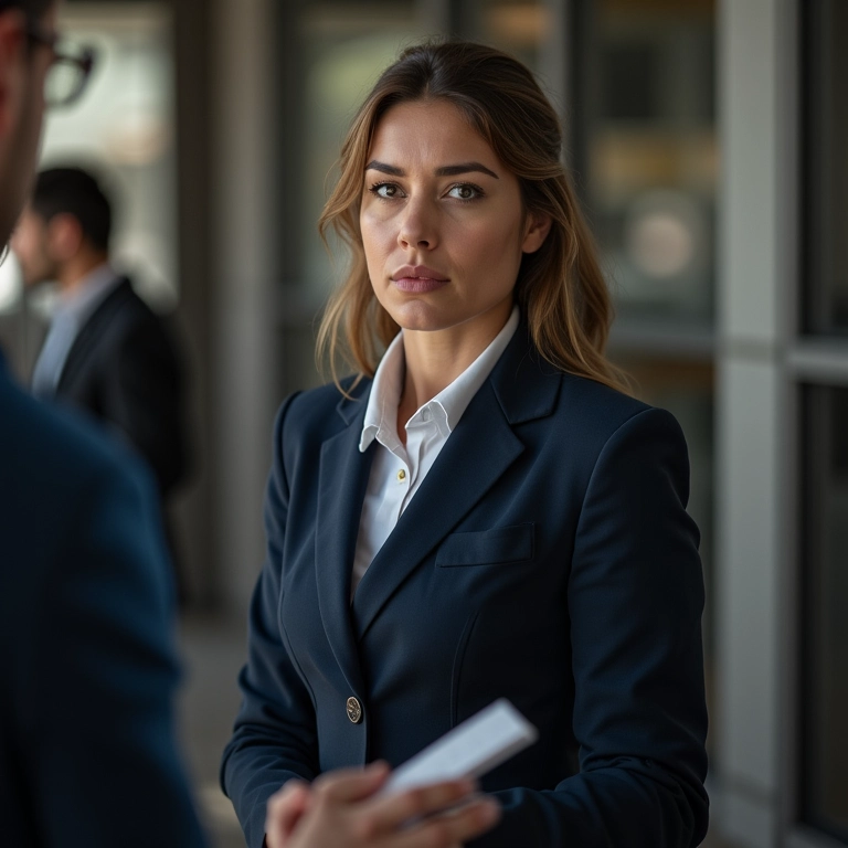 Mulher relatando roubo em delegacia no exterior.