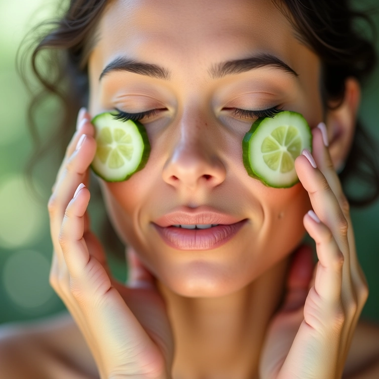 Mulher relaxada aplicando máscara facial de pepino para uma pele radiante.