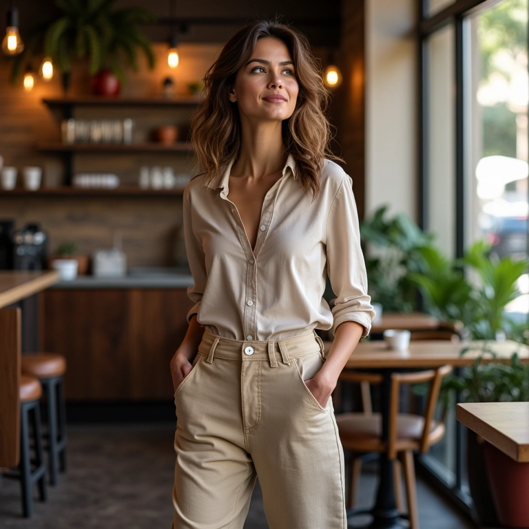 Mulher relaxada em café brasileiro, vestindo calça de alfaiataria reta.