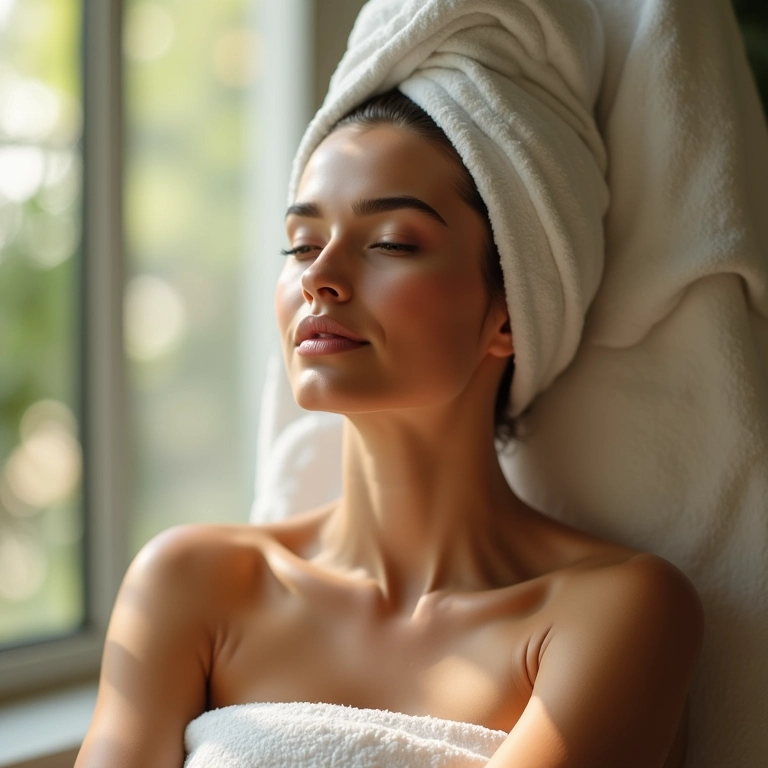 Mulher relaxando com cabelo tratado quimicamente, 'Descanso e Manutenção'.