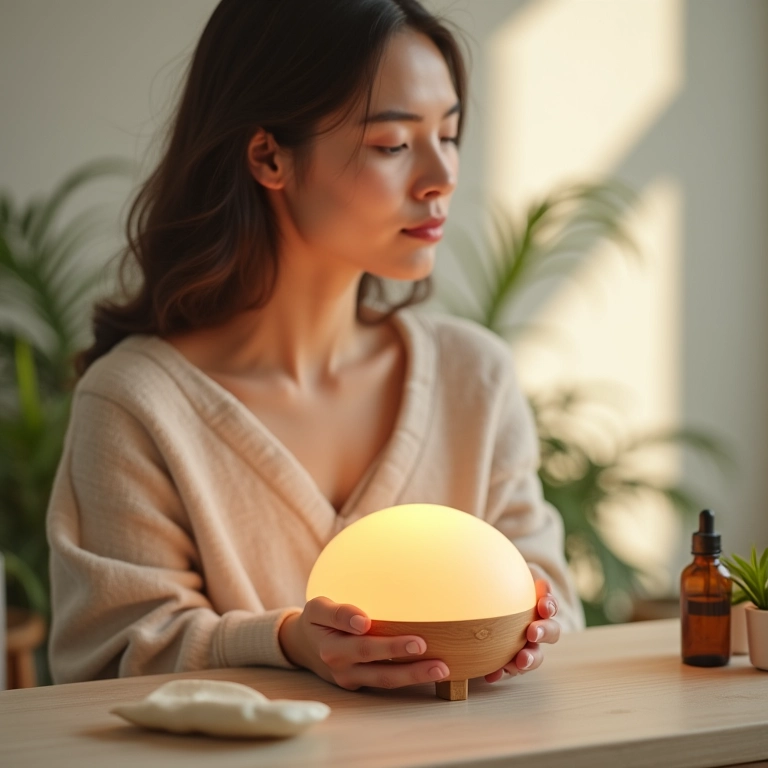 Mulher relaxando com difusor de óleos essenciais para aromaterapia.