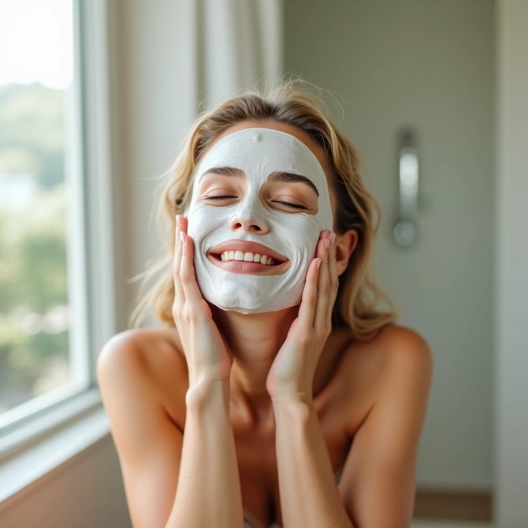Mulher relaxando com máscara facial acessível.