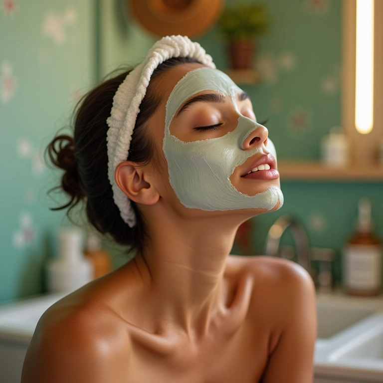 Mulher relaxando com máscara facial no rosto.