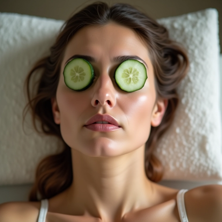 Mulher relaxando com rodelas de pepino nos olhos, aliviando o estresse.
