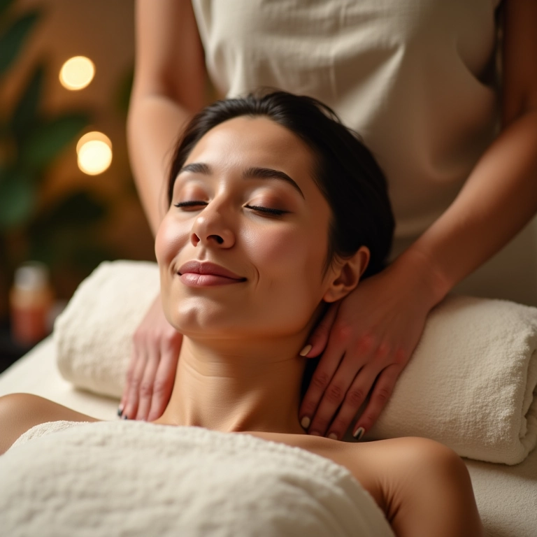 Mulher relaxando durante massagem com óleo corporal em spa.