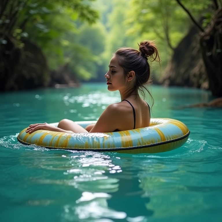 Mulher relaxando em boia no rio em Bonito, Mato Grosso do Sul, com águas cristalinas.