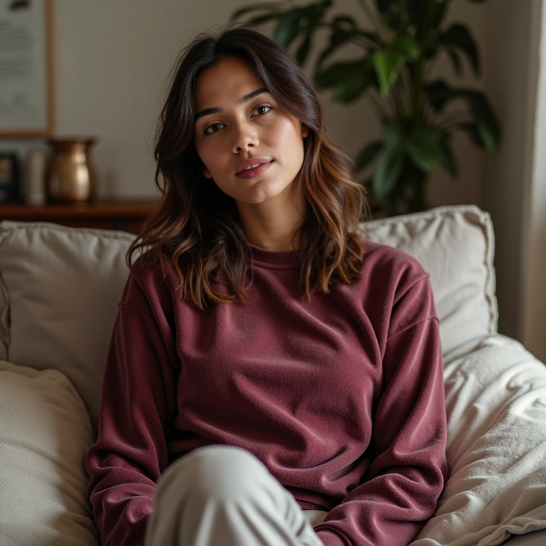 Mulher relaxando em Florianópolis usando blusa de moletom de veludo com calça jogger de algodão.
