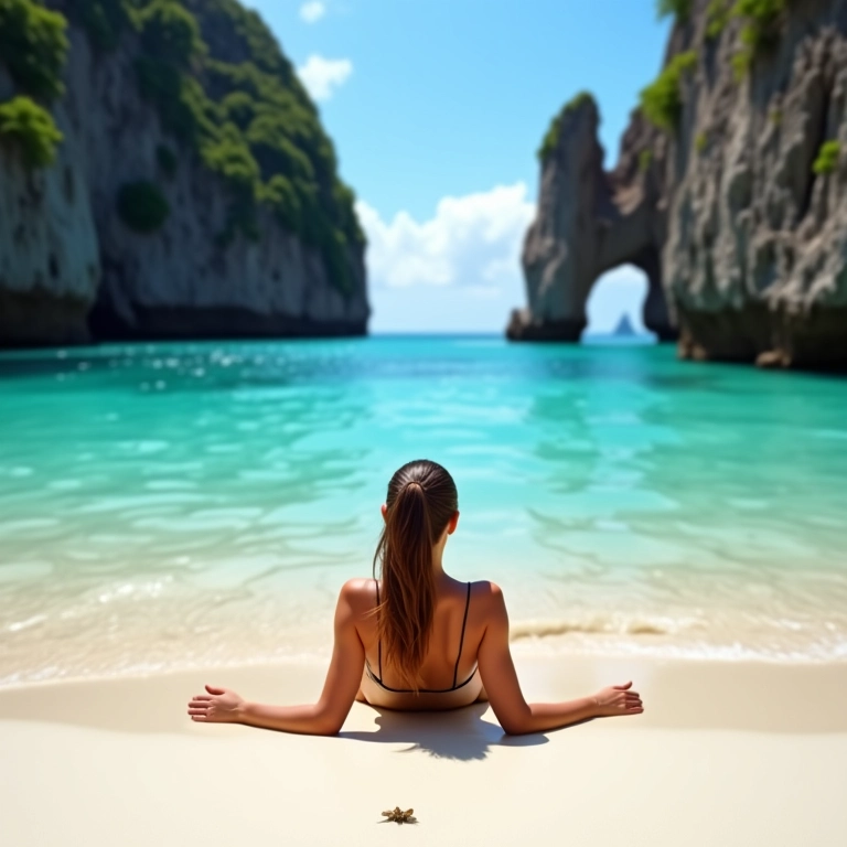 Mulher relaxando em praia paradisíaca em Fernando de Noronha, Pernambuco.