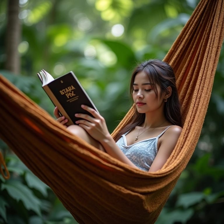 Mulher relaxando em rede com livro.