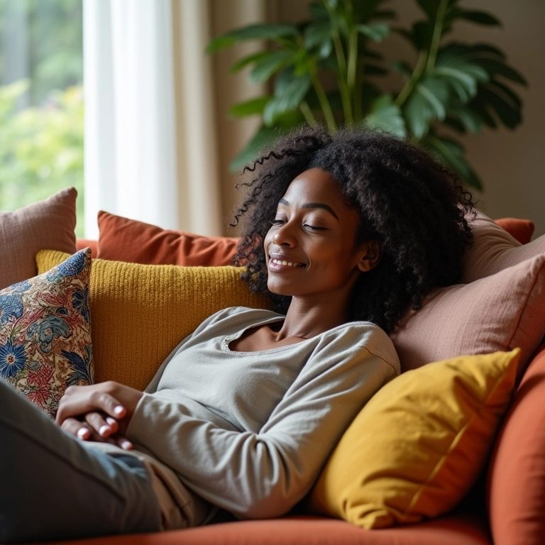 Mulher relaxando em sofá com almofadas coloridas.