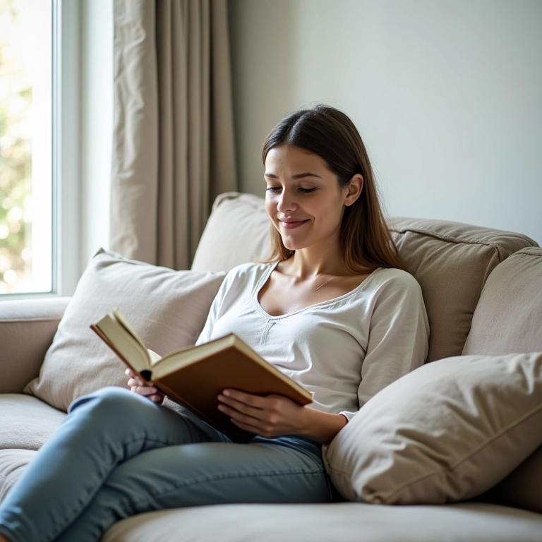 Mulher relaxando em sofá confortável com almofadas.