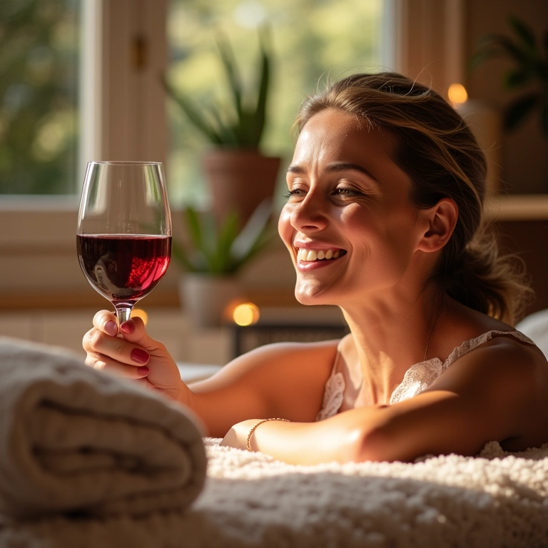 Mulher relaxando em spa de vinho no Vale dos Vinhedos.