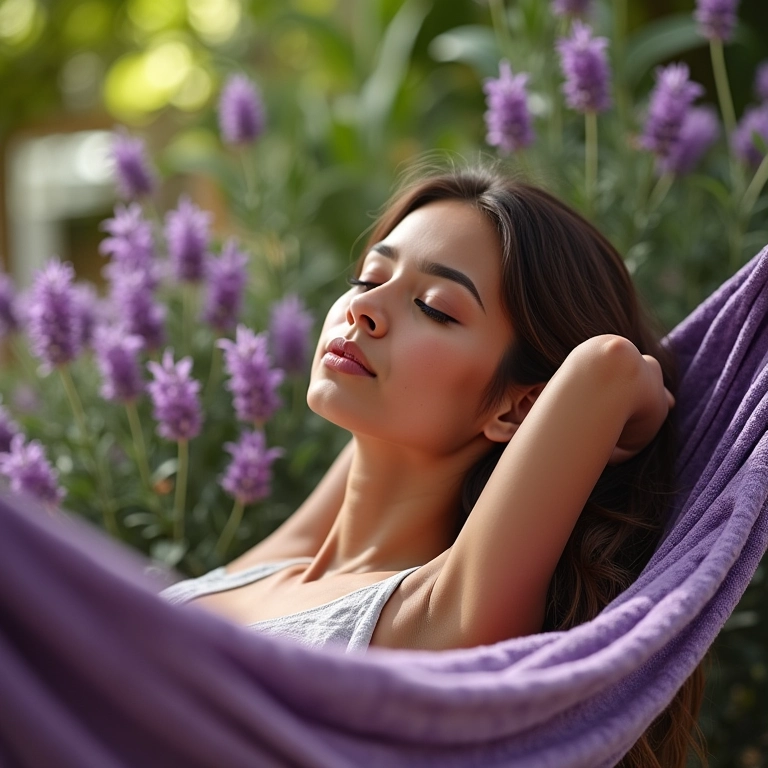 Mulher relaxando em uma rede cercada por lavandas em varanda ensolarada.