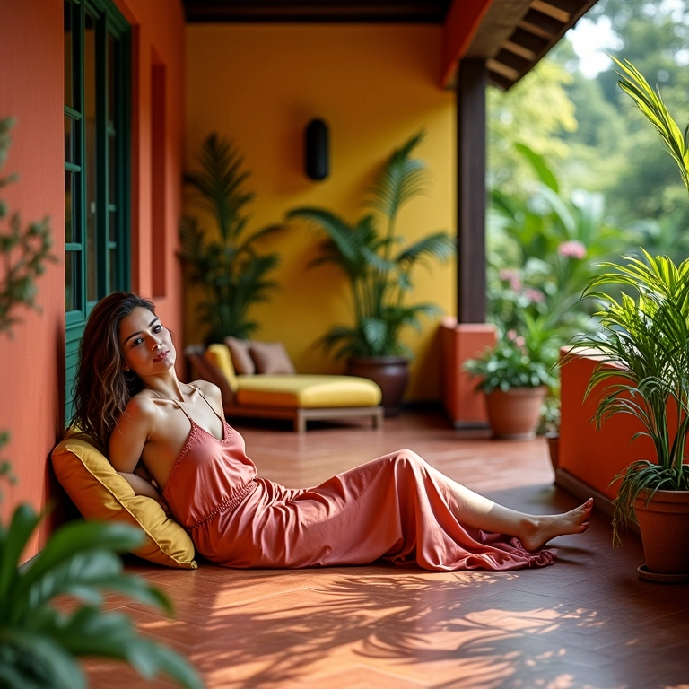 Mulher relaxando em varanda com slip dress de seda.