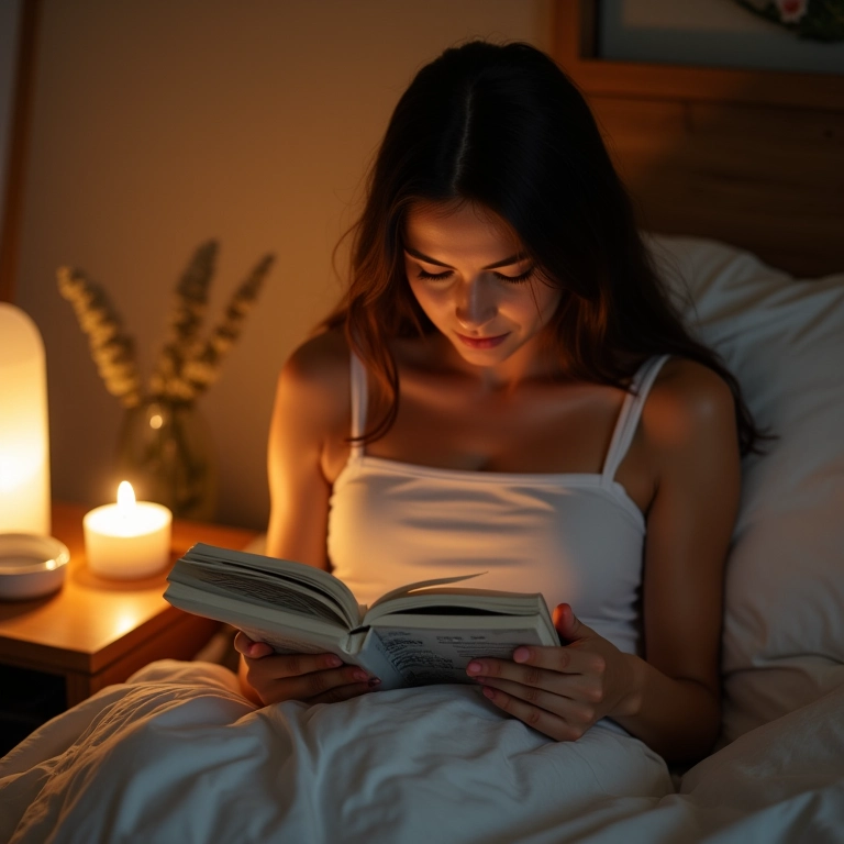 Mulher relaxando na cama com um livro e chá, criando uma rotina relaxante para dormir.