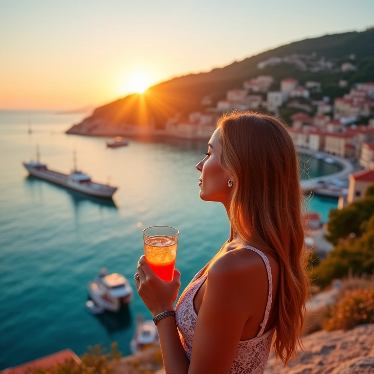 Mulher relaxando na Croácia ao pôr do sol com vista para Dubrovnik.