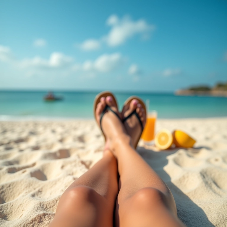 Mulher relaxando na praia com Havaianas, aproveitando o dia ensolarado.