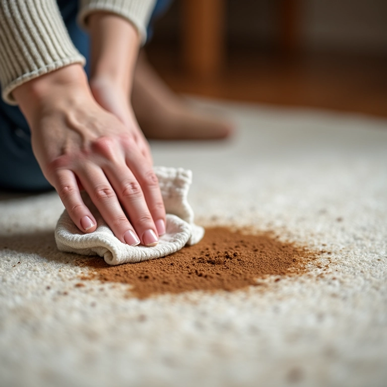 Mulher removendo mancha de café de um tapete com um pano.